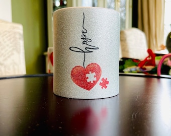 Autism Coffee Cup or Mug  made by an autistic non verbal adult, Faith, Hope & Love that can be customized with name 11 oz. Silver Glitter