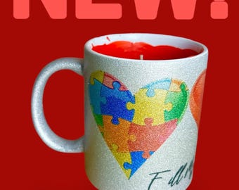 Container candle in sparkling silver coffee cup with hearts in puzzle pieces with Fill my cup Lord script, red with blackberry/vanilla scent