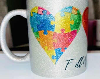 Autism Coffee Cup or Mug  made by an autistic non verbal adult, Fill my cup, Lord that can be customized with name 11 oz. Silver Glitter