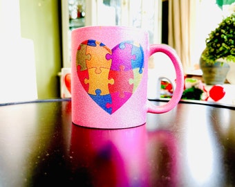 Autism Coffee Cup or Mug  made by an autistic non verbal adult, my heart needed you that can be customized with name  Silver or Pink Glitter