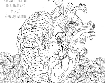 Digital Printable HUMAN ANATOMY Coloring Page, Brain and Heart Hand Drawn Adult Coloring Pages, Color Your Own PDF Sheet for Science Lovers