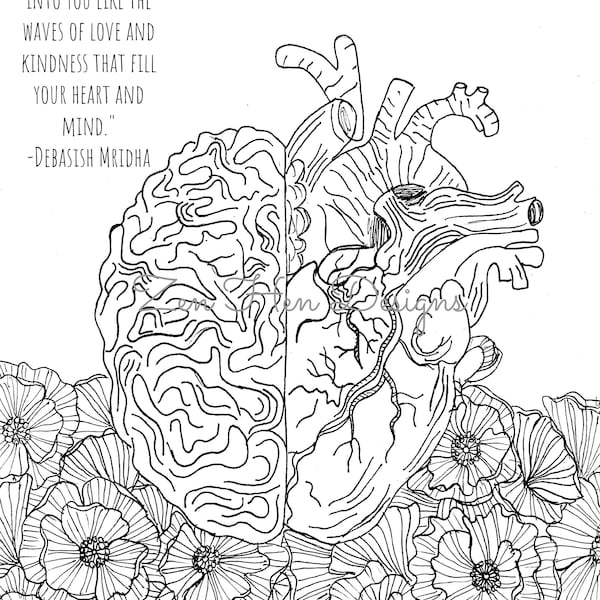 Digital Printable HUMAN ANATOMY Coloring Page, Brain and Heart Hand Drawn Adult Coloring Pages, Color Your Own PDF Sheet for Science Lovers
