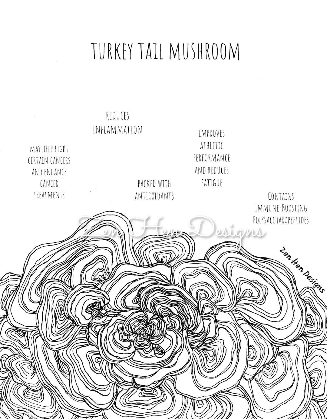 Turkey Tail Mushroom Health Benefits Hand Drawn Coloring Page Etsy