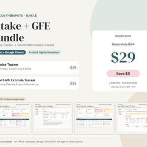 May include: A digital bundle for solo therapists featuring an Intake and Good Faith Estimate tracker for Notion and Google Sheets. The graphic displays product titles, pricing, and four preview screenshots of the tracking dashboards.