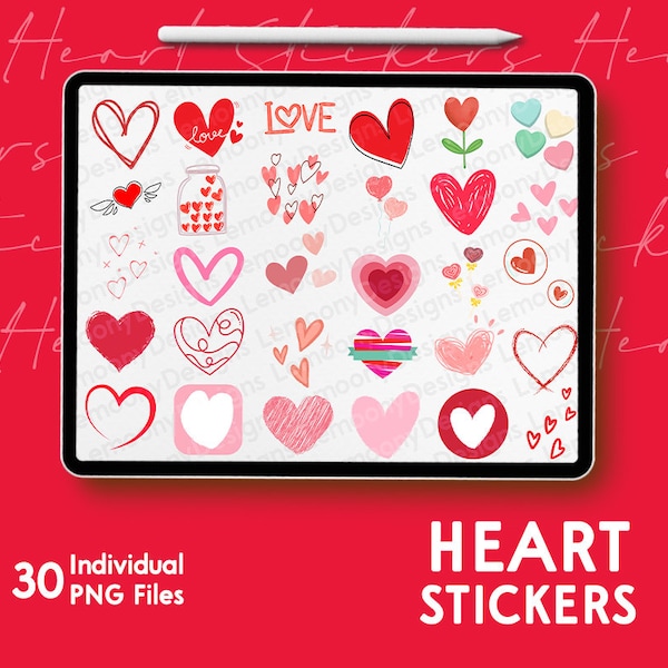 30 Heart Digital Stickers, Digital stickers, PNG stickers, Printable stickers, Heart stickers, Love stickers, GoodNotes, Instant Download