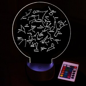 May include: A white LED night light shaped like a circle with a constellation map of the night sky. The constellations are labeled with their names. The light has a remote control with multiple color options.