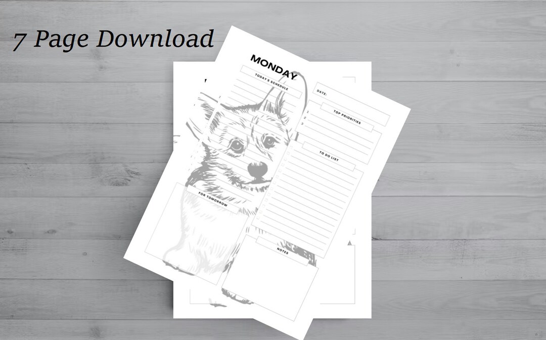 Corgi Themed 7 Day, 1 Week Planner Pages Instant DIGITAL DOWNLOAD ...
