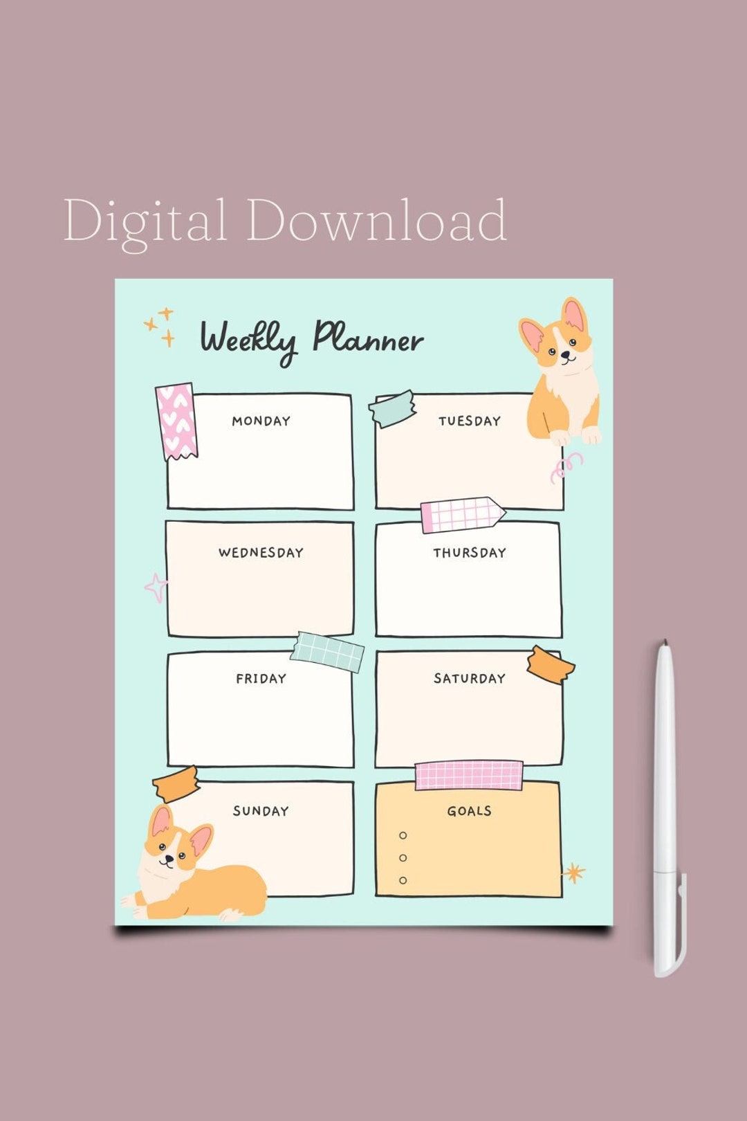 Simple Corgi Weekly Planner Instant DIGITAL DOWNLOAD Printable! Teacher ...