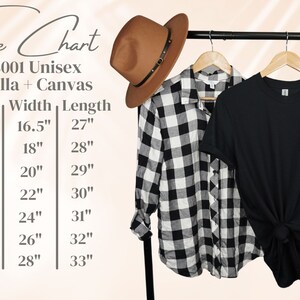 May include: Size chart for unisex Bella + Canvas t-shirts. The chart shows sizes XS through 3XL with corresponding width and length measurements in inches.