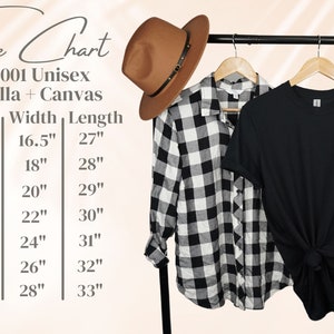 May include: Size chart for unisex Bella + Canvas t-shirts. The chart shows sizes XS through 3XL with corresponding width and length measurements in inches.