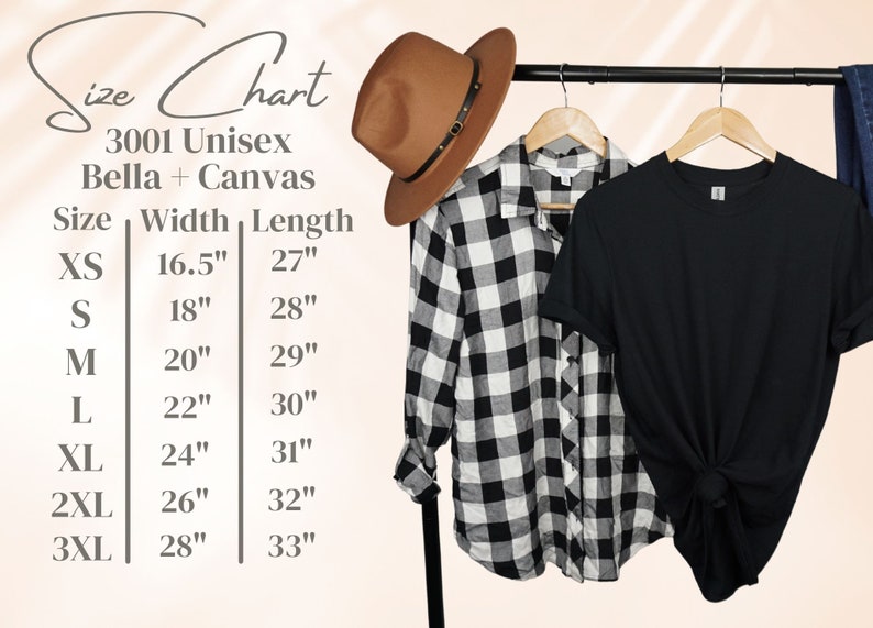 May include: Size chart for unisex Bella + Canvas t-shirts. The chart shows sizes XS through 3XL with corresponding width and length measurements in inches.