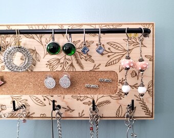 Wildflower Jewelry Organizer | Wall-Mounted Engraved Wood Earring & Necklace Holder