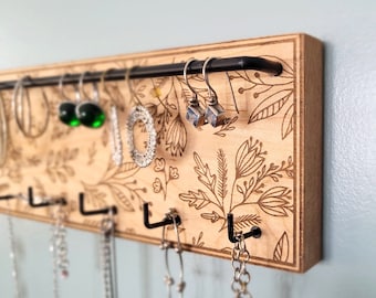 Wildflower Jewelry Organizer | Floral Wall-Mounted Earring & Necklace Holder | Solid Wood Wall Jewelry Display