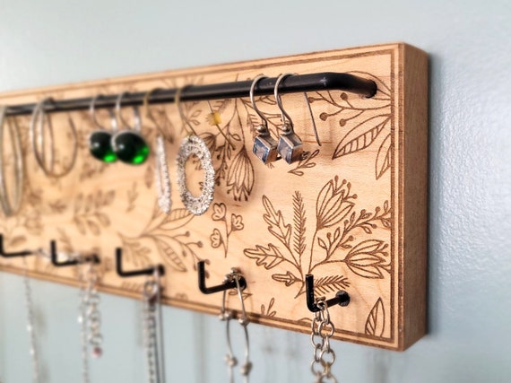 Wildflower Jewelry Organizer | Floral Wall-Mounted Earring & Necklace Holder | Solid Wood Wall Jewelry Display