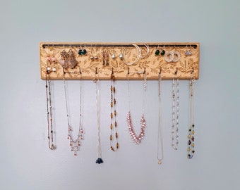 Spring Floral Jewelry Organizer | Engraved Wood Wall-Mounted Earring & Necklace Holder