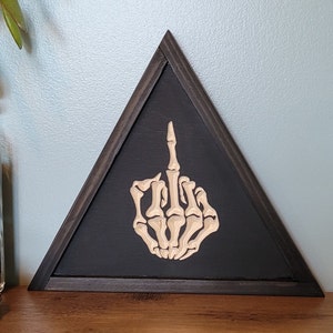 Middle Finger Skeleton Hand Carved Wood Sign - Salty Friend Gift