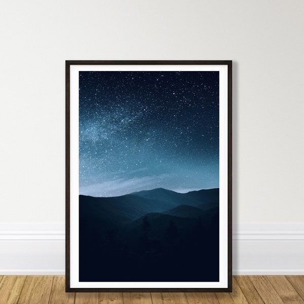 Starry Night Adventure: Breathtaking Mountain Landscape Print with Twinkling Stars - Perfect Wall Art for Stargazers and Nature Lovers