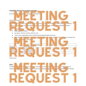 May include: A black and white document with the text "Meeting Request 1" repeated multiple times. The document is a meeting request form with a section for the meeting title, meeting owner, duration, time zone, and a table for attendees and their availability.