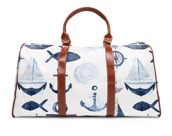 Nautical Travel Bag, Fish Sailboat Design, Waterproof Beach Tote, Overnight Bag