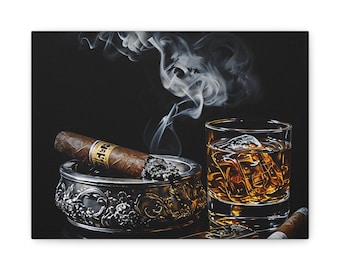 Arte en lienzo mate de naturaleza muerta con cigarros y whisky