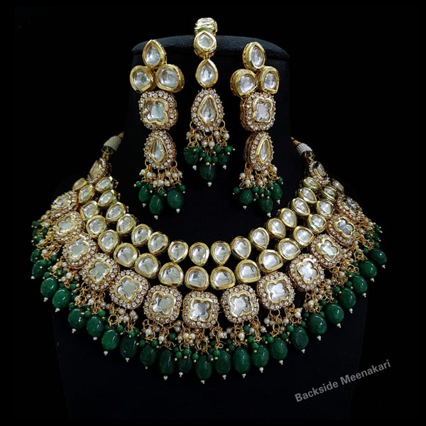 Sabyasachi inspired designer kundan set, green kundan choker, kundan bridal choker set, customizable kundan bridal sets, Royal kundan sets