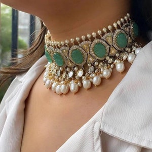 Sabyasachi Inspired Uncut Polki Kundan Choker Set with Turquoise Carved Stones and Pearls, Includes Earrings wedding necklace bollywood sets