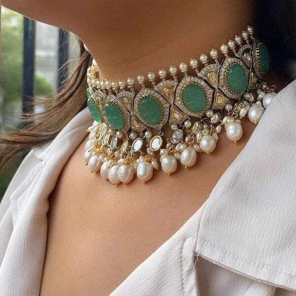 Sabyasachi Inspired Uncut Polki Kundan Choker Set with Turquoise Carved Stones and Pearls, Includes Earrings wedding necklace bollywood sets