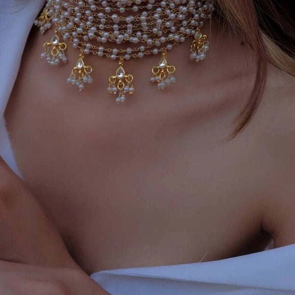 Ensemble de colliers de perles Chokar | Collier indien | Parure de collier en or Bijoux tendance | Bollywood | Bijoux indiens de mariage|Bijoux indiens en argent