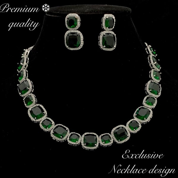 Emerald Diamond Necklace/Indian Jewelry/Pakistani Jewelry/ Indian Necklace/CZ Necklace/ Punjabi Jewelry/Teal Green Diamond Set/Topaz Cz Set/