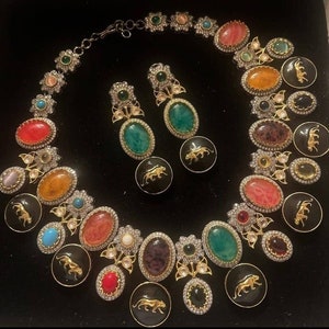 Sabyasachi Inspired Most Premium Panther Lion Finish Victorian Antique Multicolor Zirconium Diamond Statement Jewelry Set Unique Jewelry