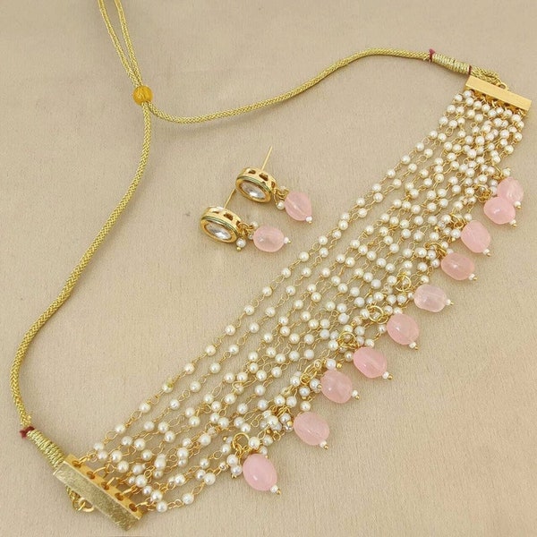 Gold Pearl Choker/ Kundan Choker/ Indian Wedding/ Indian Jewelry/ Gold Necklace/ Indian Earrings/ Pakistani Jewelry/ Beaded Choker Necklace
