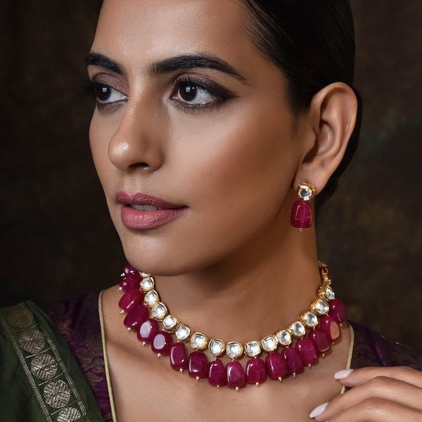 Indian Jewelry Luxurious Gold Plated Maroon Kundan Necklace Earring Set Embrace Elegance with a Captivating Maroon Necklace