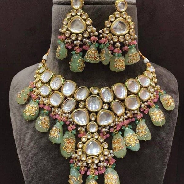 Sabyasachi inspired designer kundan set, green kundan choker, kundan bridal choker set, customizable kundan bridal sets, Royal kundan sets