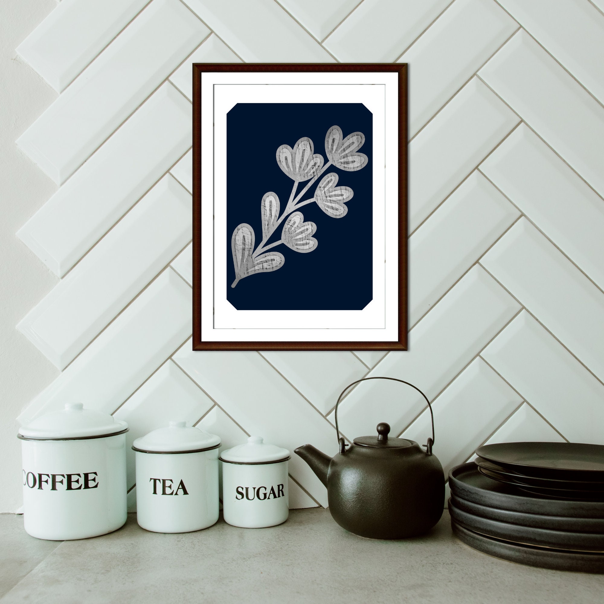 Minimalist Navy Blue Floral Wall Art Abstract Line Art Wall Etsy