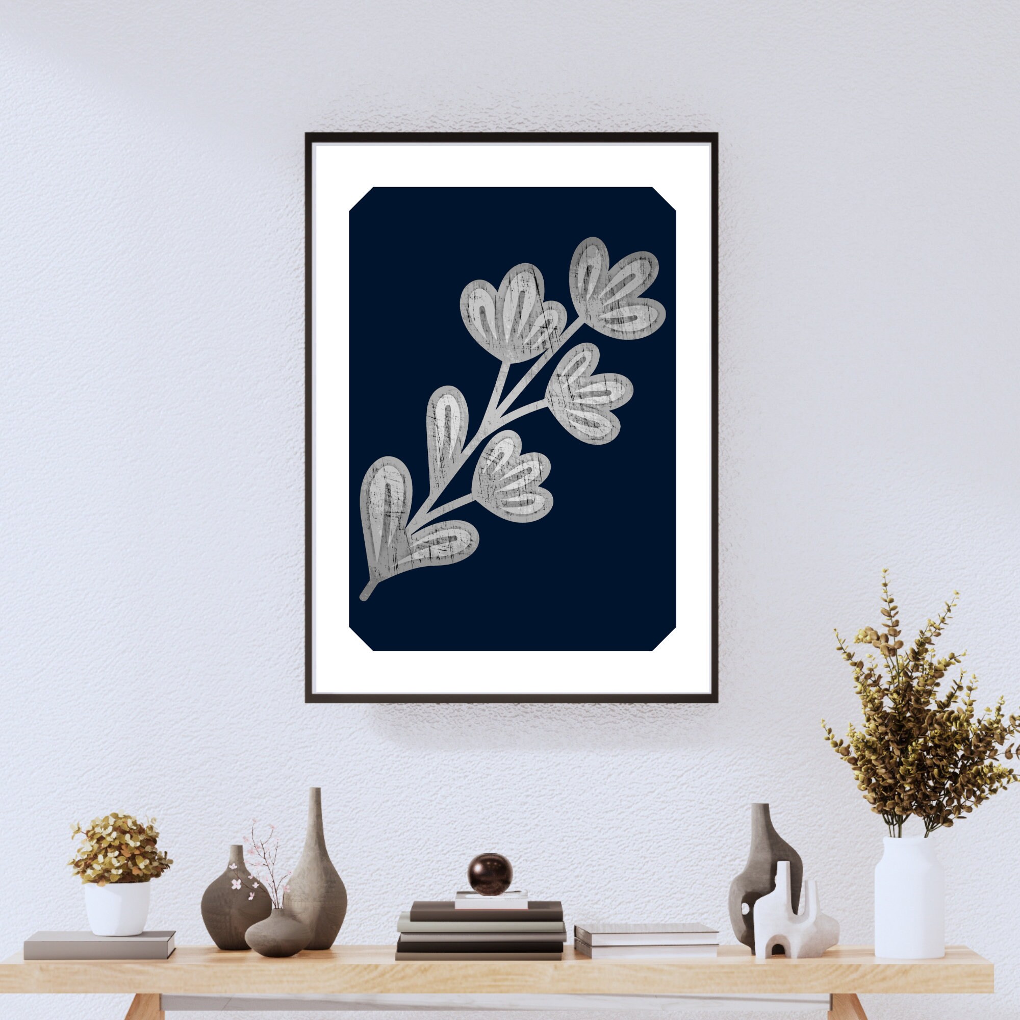 Minimalist Navy Blue Floral Wall Art Abstract Line Art Wall Etsy