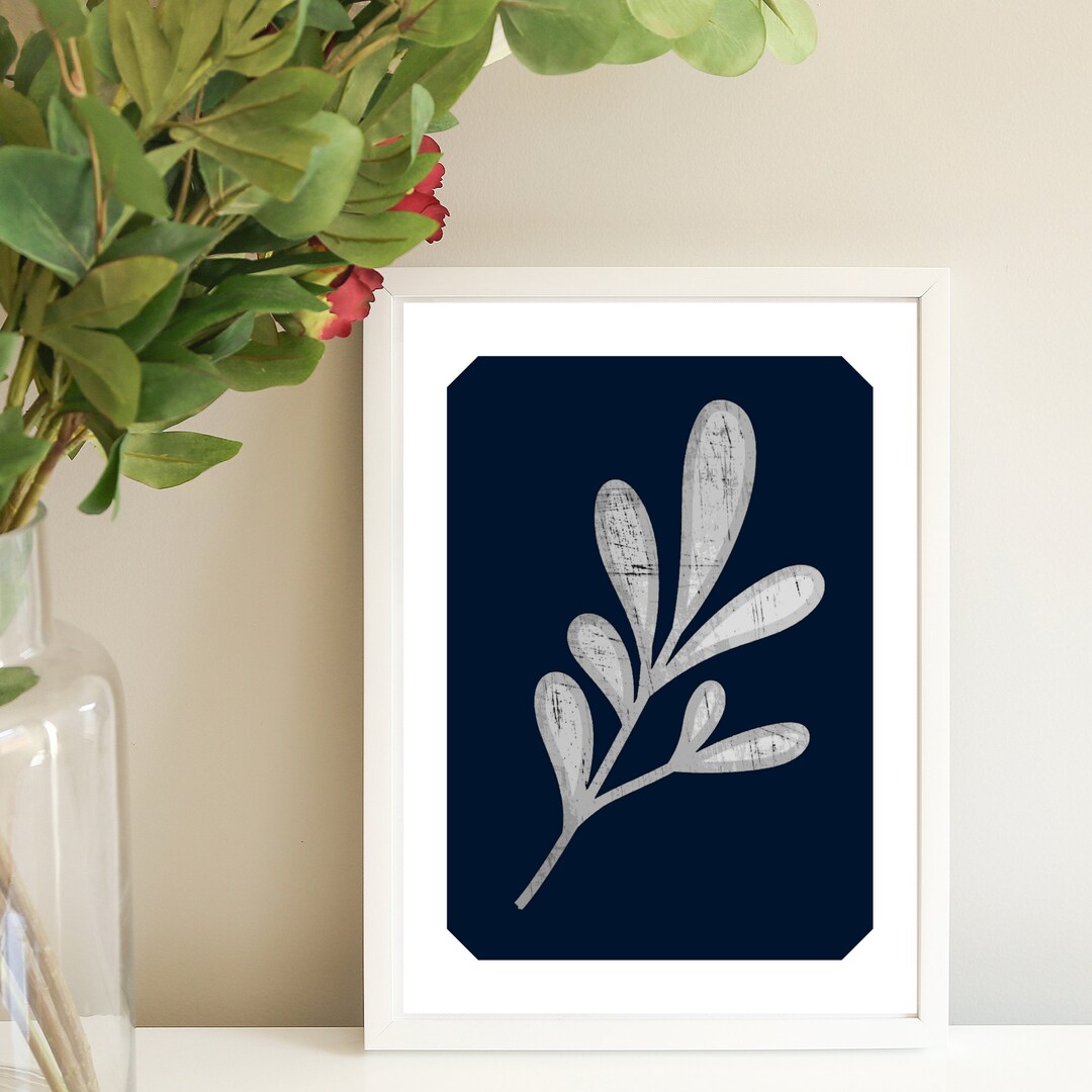 Minimalist Navy Blue Floral Wall Art Abstract Line Art Wall Decor