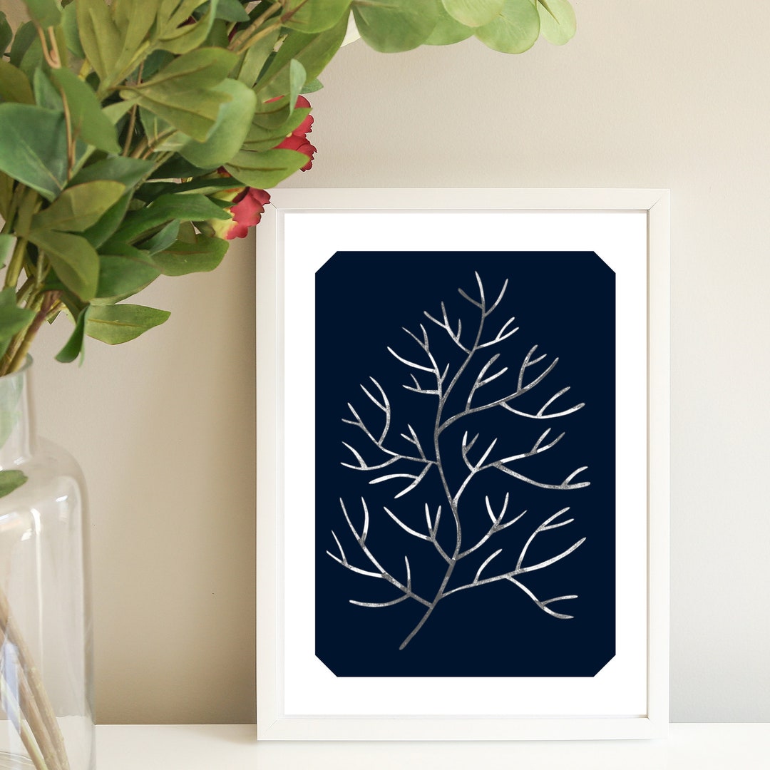 Minimalist Navy Blue Floral Wall Art Abstract Line Art Wall Decor Midcentury Modern Decor for