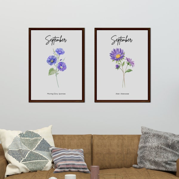 September flower wall art, morning glory wall art, aster wall art, September birth month flower, birth month flower gift idea set of 2 print