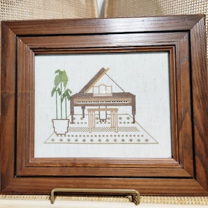 Vintage Handmade Piano and Houseplant Cross-Stitch