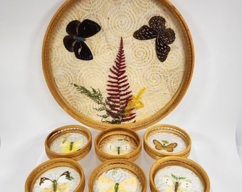Vintage Pressed Butterfly Bamboo Tray and Coasters Set