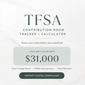Puede incluir: Una plantilla digital para el seguimiento y cálculo del margen de contribución TFSA. El texto dice TFSA CONTRIBUTION ROOM TRACKER + CALCULATOR, Know your room before you contribute, AVAILABLE ROOM NOW $31,000, Excel + Google Sheets, Offline web calculator, 2026 CRA limits, INSTANT DIGITAL DOWNLOAD.