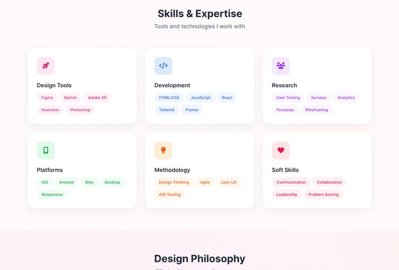May include: A digital skills and expertise infographic featuring six white rounded rectangular cards. Each card displays a category title, a small icon, and several pill-shaped tags listing specific tools, technologies, and methodologies.