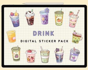 Drink Digital Sticker Pack Drink Stickers Kawaii Goodnotes Drink Stickers Pre-cropped PNG Drink Sticker Instant Download iPad Stickers
