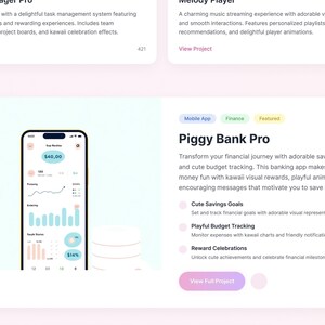 May include: A digital interface for the Piggy Bank Pro mobile app, featuring a smartphone screen displaying financial charts, savings goals, and budget tracking data, alongside text descriptions for features like Cute Savings Goals and Reward Celebrations.