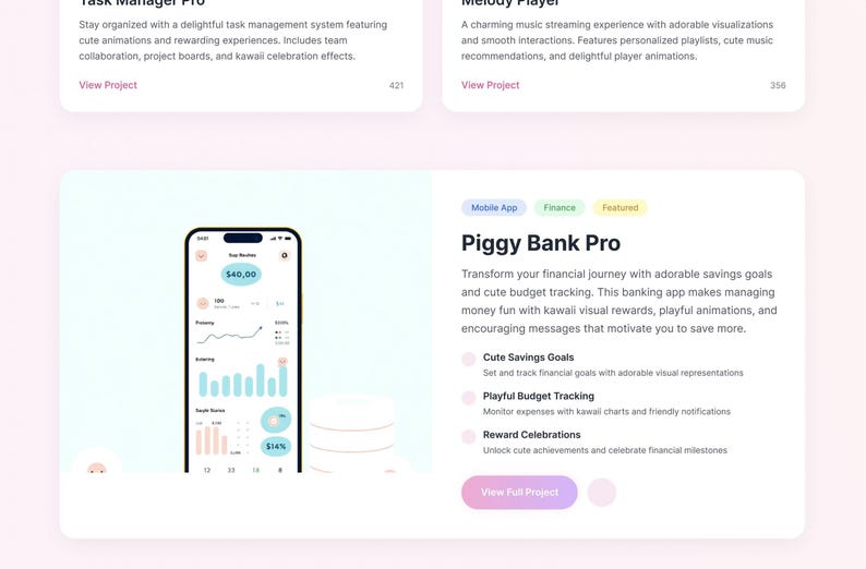 May include: A digital interface for the Piggy Bank Pro mobile app, featuring a smartphone screen displaying financial charts, savings goals, and budget tracking data, alongside text descriptions for features like Cute Savings Goals and Reward Celebrations.