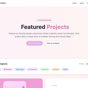 May include: A website interface titled Kawaii Portfolio featuring a navigation bar with Home, About, Projects, and Contact links. The page displays a Featured Projects section with a description, buttons for View All Projects and Filter by Category.