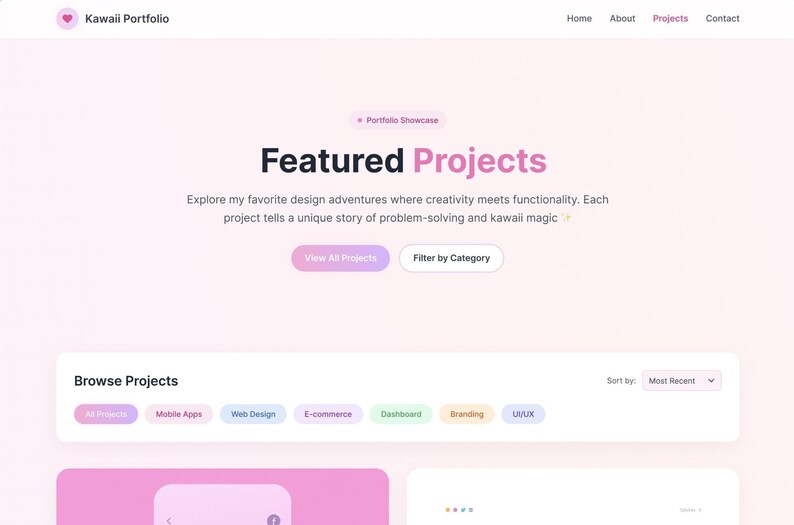 May include: A website interface titled Kawaii Portfolio featuring a navigation bar with Home, About, Projects, and Contact links. The page displays a Featured Projects section with a description, buttons for View All Projects and Filter by Category.