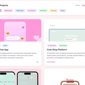 May include: A digital interface displaying a project gallery with a Browse Projects header, filter tags, and two project cards titled Kawaii Chat App and Cute Shop Platform, featuring pastel color schemes, mobile app mockups, and descriptive text.