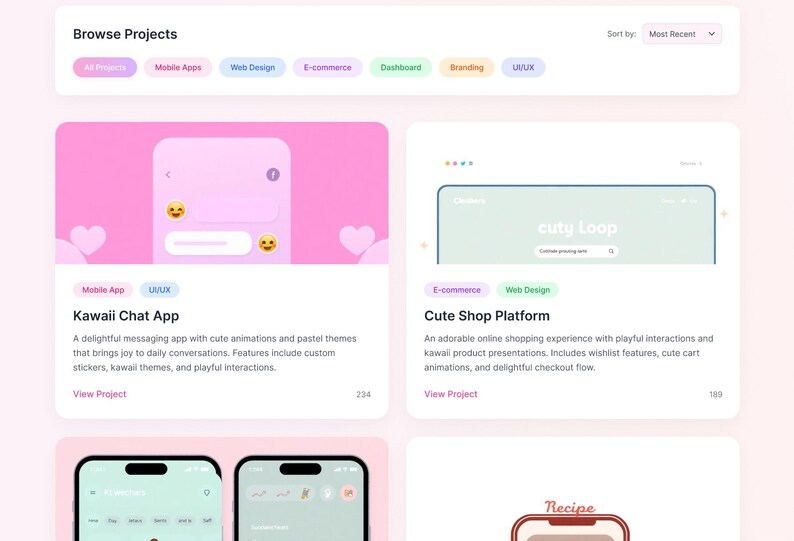 May include: A digital interface displaying a project gallery with a Browse Projects header, filter tags, and two project cards titled Kawaii Chat App and Cute Shop Platform, featuring pastel color schemes, mobile app mockups, and descriptive text.