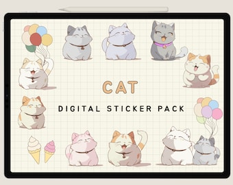 Cat Digital Stickers Bundle | kawaii Goodnotes Stickers | iPad, GoodNotes, PNG Pre Cropped File Instant Download
